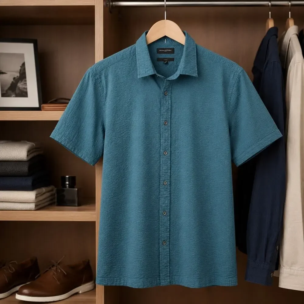Banana Republic Seersuckerer Shirt Mens XL Slim Fit Teal Short Sleeve Button Up